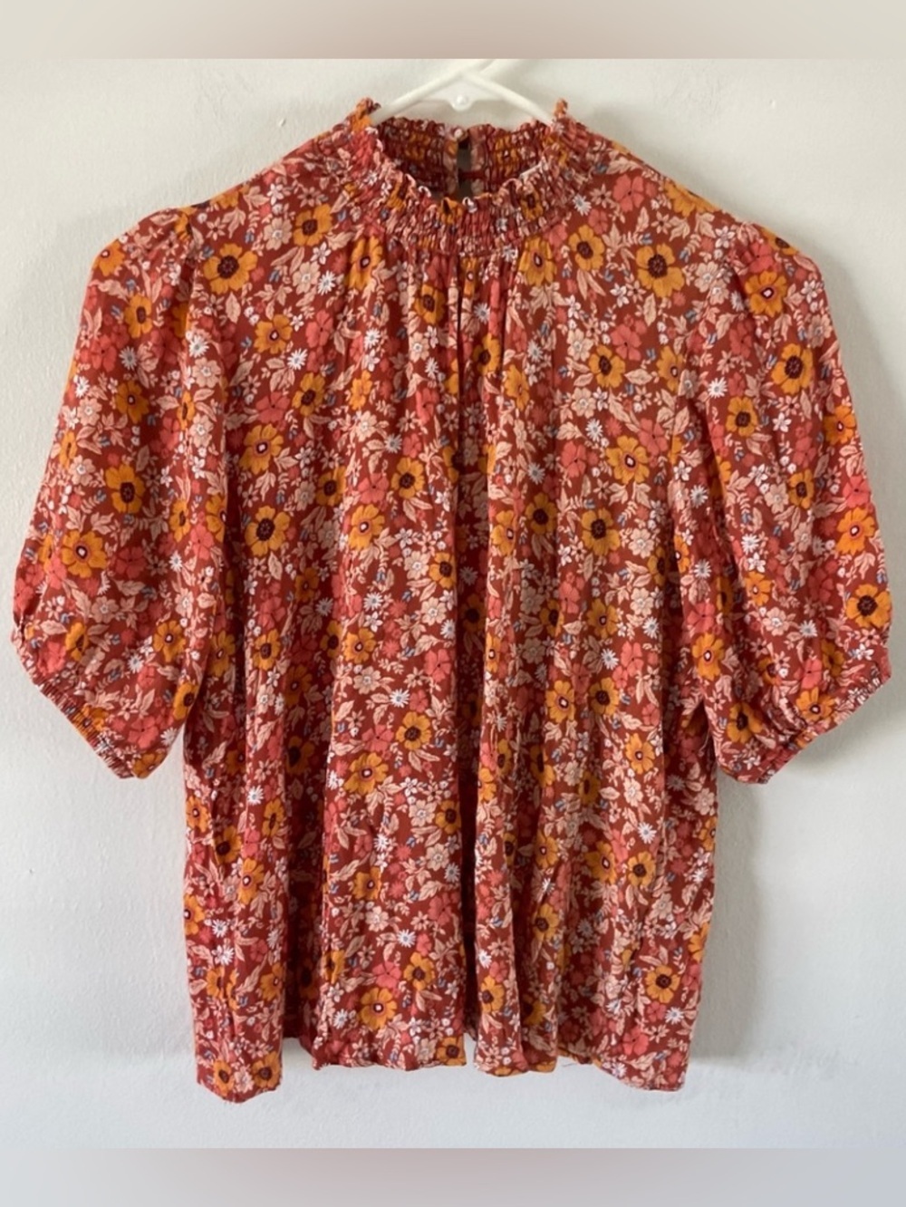 KNOX ROSE Floral‎ Mock Neck Top Size S Coral Fall Color. Cottage Boho